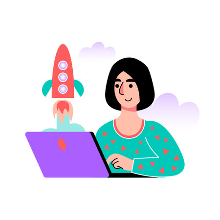 character working on startup. Rocket as symbol for startup. Vector illustration in a flat styleのイラスト素材