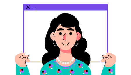 Young woman holding virtual window frames. Illustration of conference video call, video call to a...