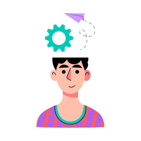 thinking process. Brain mechanisms and processes in the head. Vector illustration in a flat styleのイラスト素材