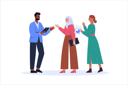 People discussing idea. Idea brainstorming, teamwork and communication concept. Vector illustration in a flat styleのイラスト素材