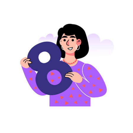 character holds a big number. 8, eight symbol. Vector illustration in a flat styleのイラスト素材