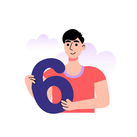 character holds a big number. 6, six symbol. Vector illustration in a flat styleのイラスト素材