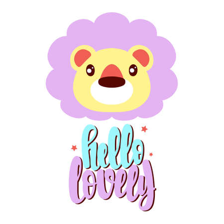 Lion illustration. Hello Lovely phrase. Vector illustration in a flat styleのイラスト素材