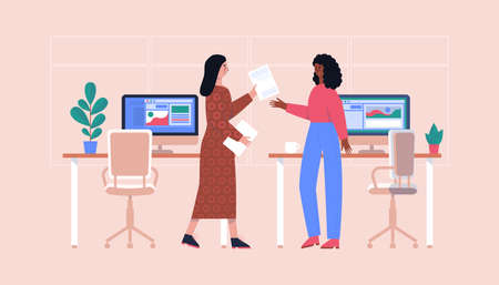 People discussing idea. Idea brainstorming, teamwork and communication concept. Vector illustration in a flat styleのイラスト素材