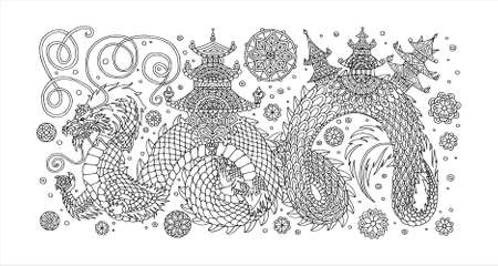 Coloring page with a dragon. Vector illustration in a line styleのイラスト素材