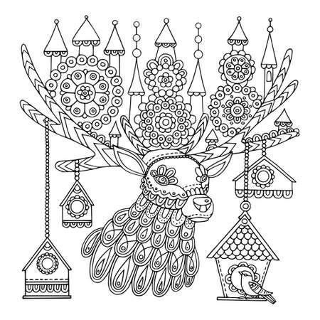Coloring page with a deer. Vector illustration in a line styleのイラスト素材