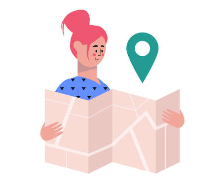 Tourism, map navigation concept. Character holds a map. colorful flat vector illustrationのイラスト素材