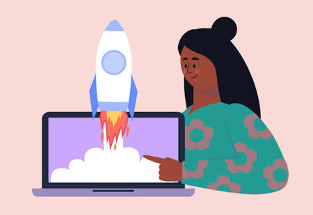 Marketing and development concept. Character points finger at laptop with rocket. Vector illustration in a flat styleのイラスト素材