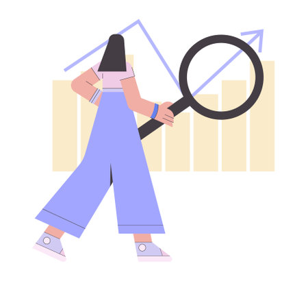 Character with big magnifying glass. Market, sales, business analysis. Vector illustration in a flat styleのイラスト素材