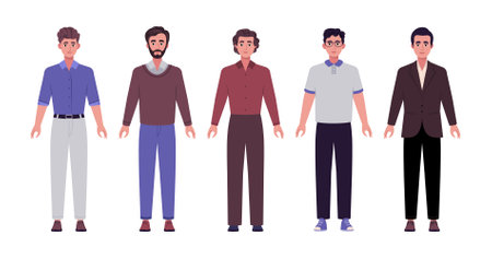 Set of frontal characters. Men standing in a row in casual office attire. Flat style illustrationのイラスト素材