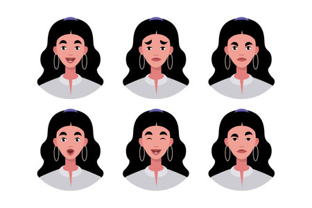 Character emotion set. A woman experiences joy, sadness, surprise, anger, laughter, suspicion, and astonishment. Vector illustration in a flat styleのイラスト素材