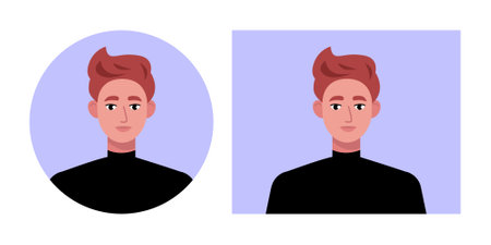 Set of male portraits. Character avatars in round and rectangular frames. Vector illustration in a flat styleのイラスト素材