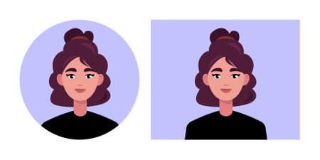 Set of female portraits. Character avatars in round and rectangular frames. Vector illustration in a flat styleのイラスト素材
