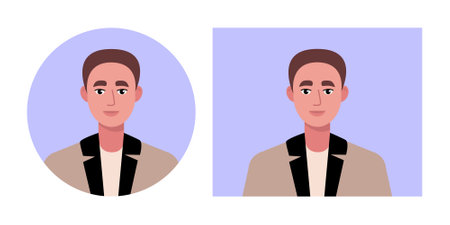 Set of male portraits. Character avatars in round and rectangular frames. Vector illustration in a flat styleのイラスト素材