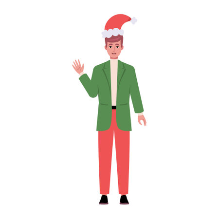 A smiling man is standing in a Christmas hat and festive clothing. Christmas theme. Vector illustration in a flat styleのイラスト素材
