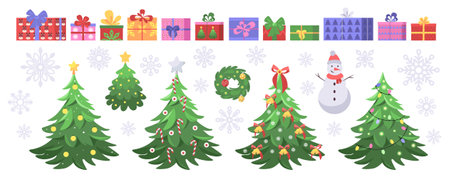 Set of decorated trees, wreaths, snowflakes, gifts, and snowmen. Christmas theme. New Year set. Vector illustration in a flat styleのイラスト素材