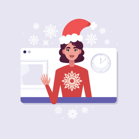 Online call from a character. New Year's greeting. The character is wearing a New Year's hat in the video call frame. Christmas theme. Vector set in a flat styleのイラスト素材