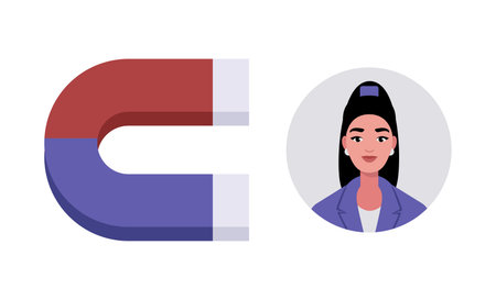 Magnet with character icons. Find leads and sales funnel concept. Marketing and business strategy. Colorful flat vector illustrationのイラスト素材
