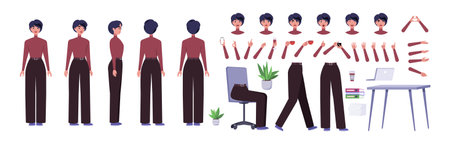 Character creator. Different types of woman, a set of emotions, arms, legs, a table, a chair, a mug, indoor plants. A large group of elements on an isolated background. Vector set in a flat styleのイラスト素材
