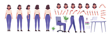 Character creator. Different types of woman, a set of emotions, arms, legs, a table, a chair, a mug, indoor plants. A large group of elements on an isolated background. Vector set in a flat styleのイラスト素材