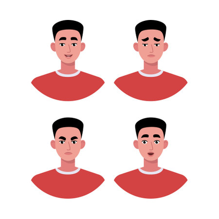 Character emotion set. A man experiences joy, sadness, surprise, anger, laughter, suspicion, and astonishment. Vector illustration in a flat styleのイラスト素材