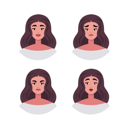 Character emotion set. A woman experiences joy, sadness, surprise, anger, laughter, suspicion, and astonishment. Vector illustration in a flat styleのイラスト素材