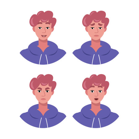 Character emotion set. A man experiences joy, sadness, surprise, anger, laughter, suspicion, and astonishment. Vector illustration in a flat styleのイラスト素材