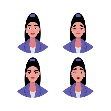 Character emotion set. A woman experiences joy, sadness, surprise, anger, laughter, suspicion, and astonishment. Vector illustration in a flat styleのイラスト素材
