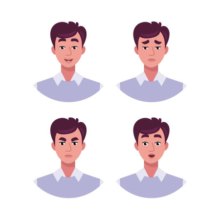 Character emotion set. A man experiences joy, sadness, surprise, anger, laughter, suspicion, and astonishment. Vector illustration in a flat styleのイラスト素材
