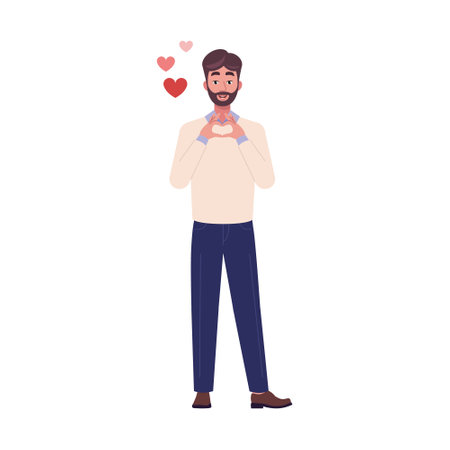 Man is making a heart shape with her hands. The theme is Valentine's Day, love and infatuation. Vector illustration in a flat styleのイラスト素材