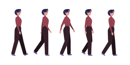 Set of different types of walking characters. A woman is walking forward on an isolated background,...