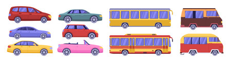 Set of different cars on an isolated background. Passenger cars, buses, minibuses. Vector collection in a flat styleのイラスト素材