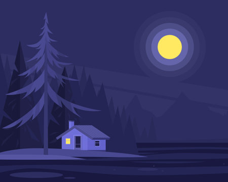 Urban or suburban neighborhood at night. Evening suburb village landscape design. House with garages, fence and trees. Vector illustration in a flat styleのイラスト素材
