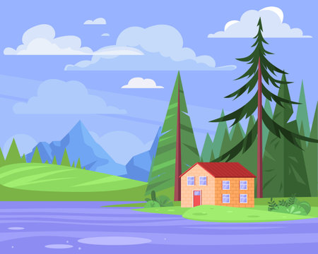 Urban or suburban neighborhood. Suburb village landscape design. House with garages, fence and trees. Vector illustration in a flat styleのイラスト素材