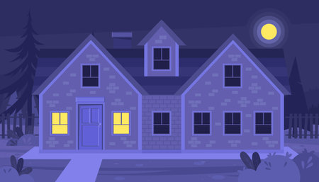 Urban or suburban neighborhood at night. Evening suburb village landscape design. House with garages, fence and trees. Vector illustration in a flat styleのイラスト素材