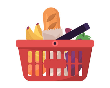 Grocery basket with food on an isolated background. Vector illustration in a flat styleのイラスト素材