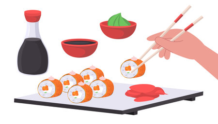 Set of sushi, sauce, wasabi and hand with chopsticks on isolated background. Vector illustration in a flat styleのイラスト素材