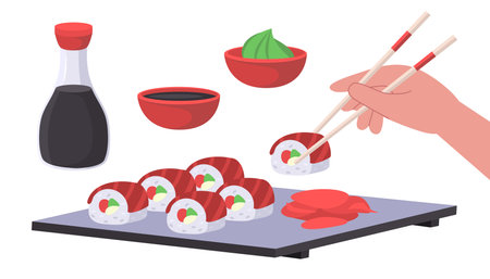 Set of sushi, sauce, wasabi and hand with chopsticks on isolated background. Vector illustration in a flat styleのイラスト素材