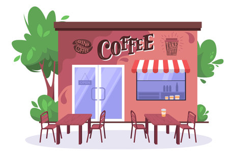 Coffee shop building on isolated background. Vector illustration in a flat styleのイラスト素材
