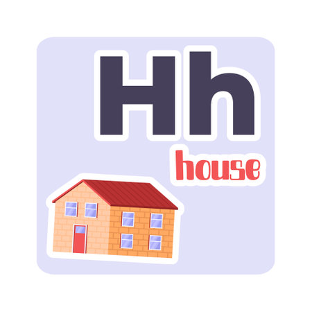 The house is a small, red brick building with the letter H. English alphabet. Vector illustration in a flat styleのイラスト素材