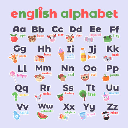 Different letters with pictures of animals and fruits. English alphabet. Vector illustration in a flat styleのイラスト素材