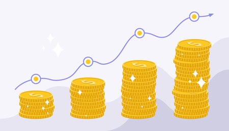 Four stacks of yellow coins. Growth diagram of coins rising in time. Vector illustration in a flat styleのイラスト素材