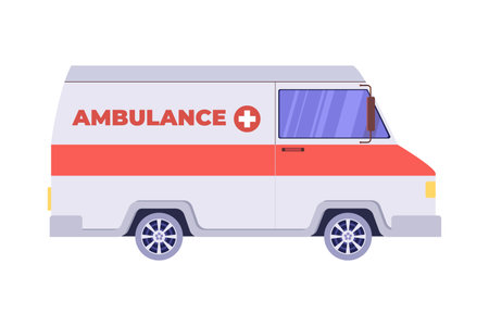 Flat vector ambulance illustration in side view. Cartoon medical emergency van isolated on white background for healthcare, rescue, hospital, urgent response concepts.のイラスト素材