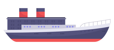 Flat vector cargo ship illustration in side view. Modern freight vessel isolated on white background for maritime transport, shipping, logistics, international trade concepts.のイラスト素材