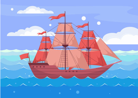 Flat vector illustration of vintage sailing ship with red sails on ocean waves. Classic maritime travel scene featuring tall ship, sea water, sky, clouds, and adventure mood.のイラスト素材