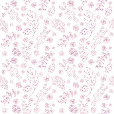 Seamless pattern with cute rabbits and floral elements. Easter background. Vector easter pattern. Easter vector. Easter rabbit. Easter eggs. Spring vector floral elements. Eater design elements.のイラスト素材