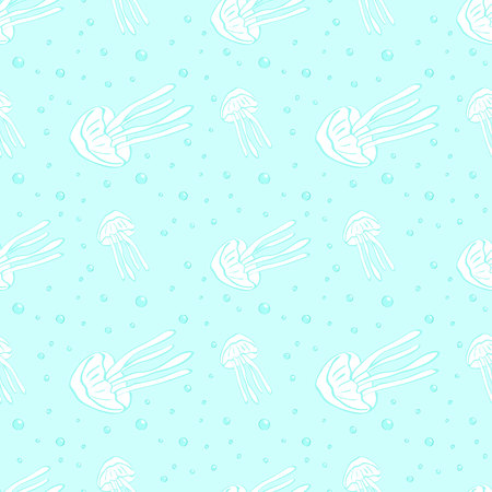 Jellyfish seamless vector pattern. Jellyfish background. Vector illustration. Sea life background. Sea animal seamless pattern with jellyfish.Underwater seamless pattern. Children's textile pattern.のイラスト素材