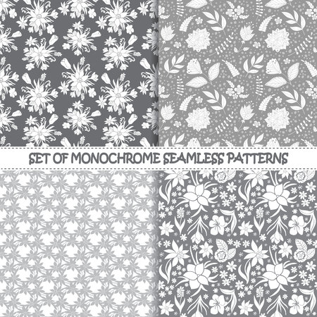Set of seamless monochrome vector patterns.Floral patterns. Monochrome seamless vector patterns. Vector monochrome backgrounds. Set of floral vector seamless textile ornaments. Repeating floral JPG.のイラスト素材