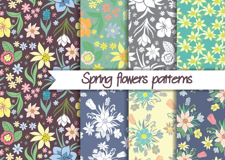 Spring flowers patterns. Set of seamless colorful vector patterns.Floral patterns. Floral seamless vector patterns. Vector floral backgrounds. Set of floral vector seamless textile ornaments.のイラスト素材