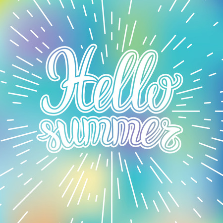 Hand lettering inspirational typography poster Hello summer on blurred background.のイラスト素材